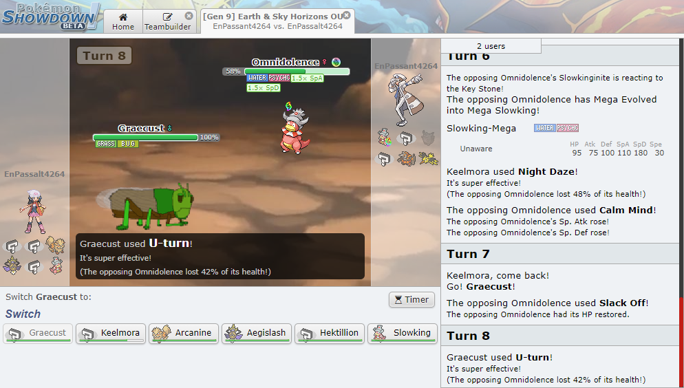 A battle taking place in the Pokémon Showdown! simulator with Earth & Sky's mechanics.