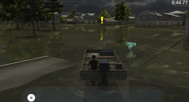 Screenshot of player driving a boat through the flooded Dickinson.