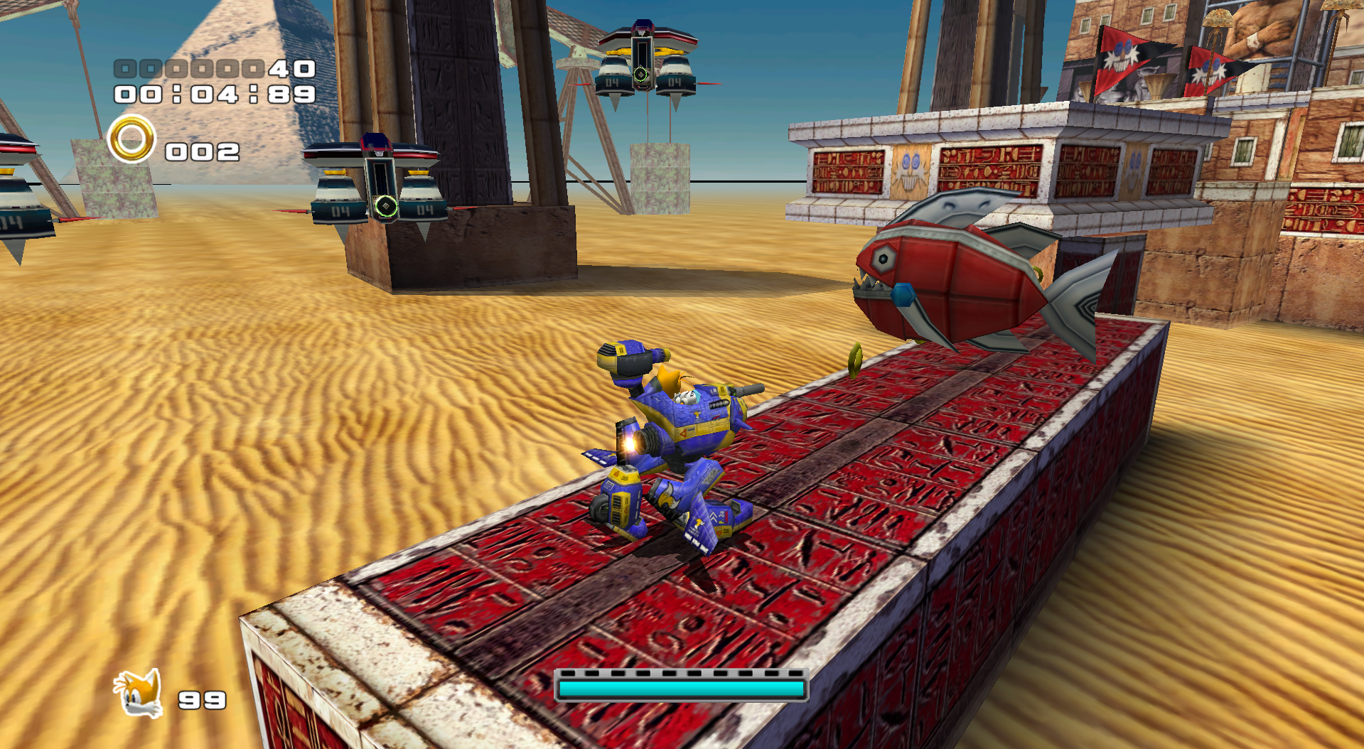 Screenshot of a Super Hard level, showing a fish enemy in a sand level it wasn't in previously