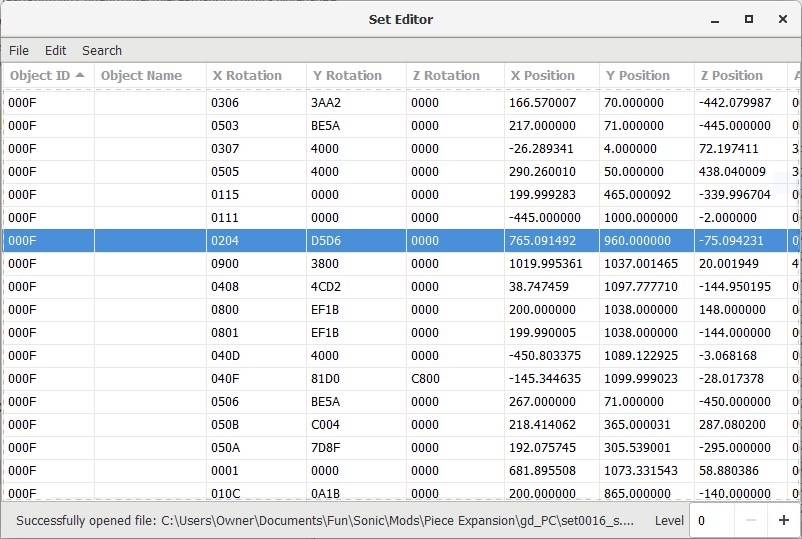 Screenshot of a setfile editor with level objects.
